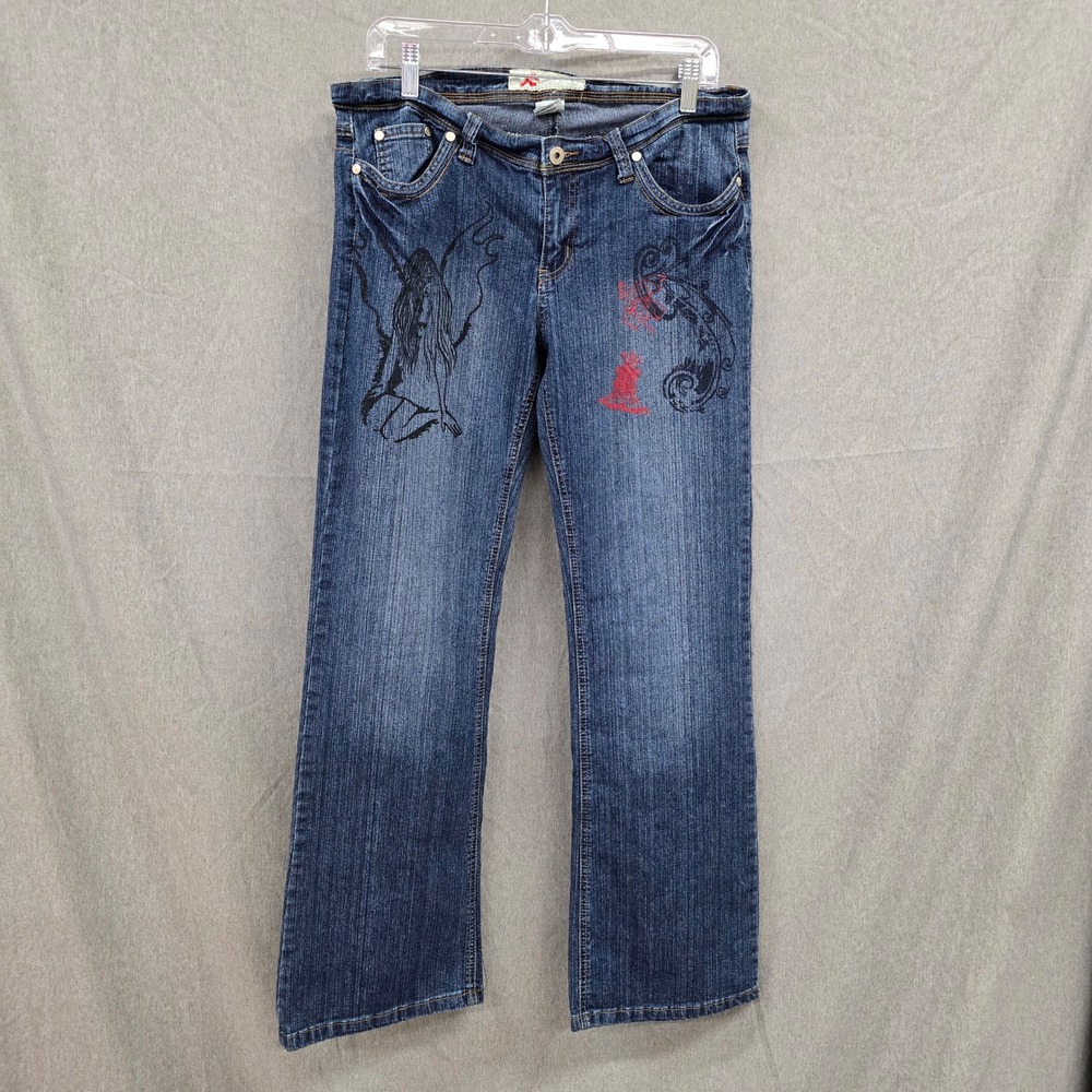 True‎ People Flare Jeans Dark Wash Fairy Graphic Print Y2K Blue Denim Womens 13